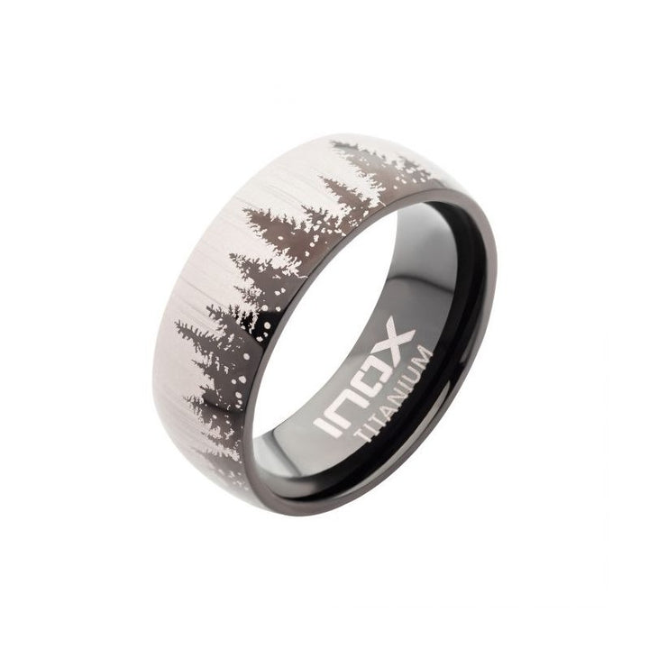 INOX Jewelry Evergreen Forest Treeline Design Black IP Titanium Comfort Fit Ring