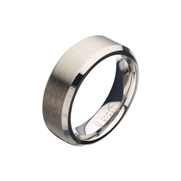 INOX Jewelry 8mm Matte Finish Stainless Steel Beveled Comfort Fit Ring
