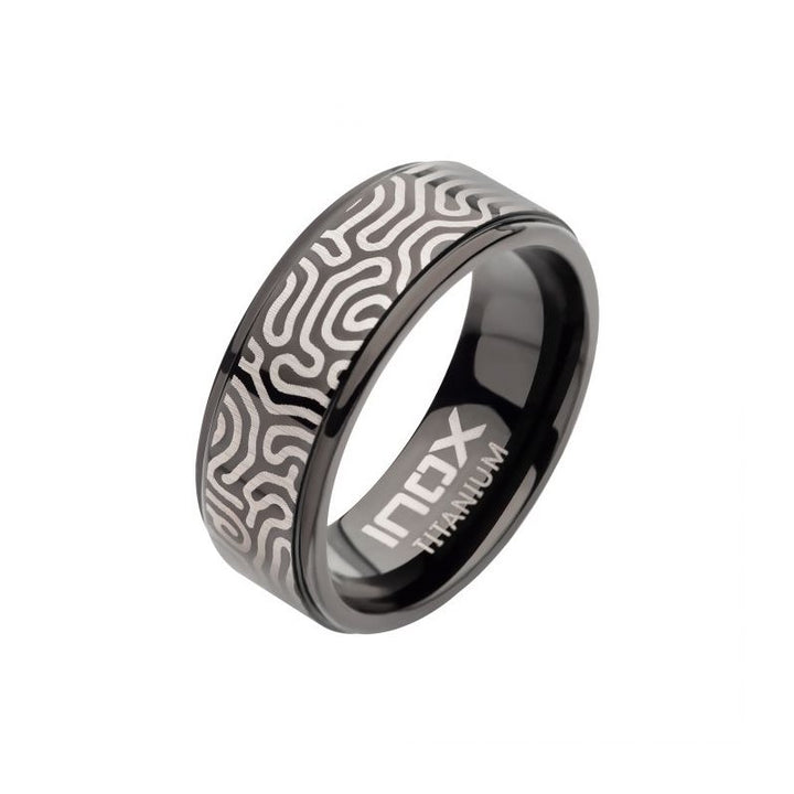 INOX Jewelry Titanium Black IP with Brain Coral Pattern Comfort Fit Ring TIFR9001
