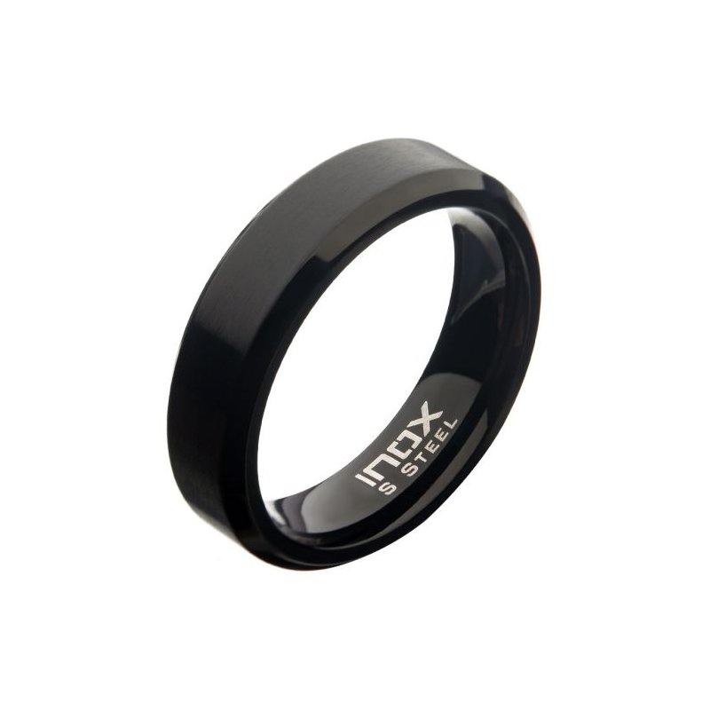 INOX Jewelry Stainless Steel 6mm Matte Black IP Beveled Wedding Band Ring