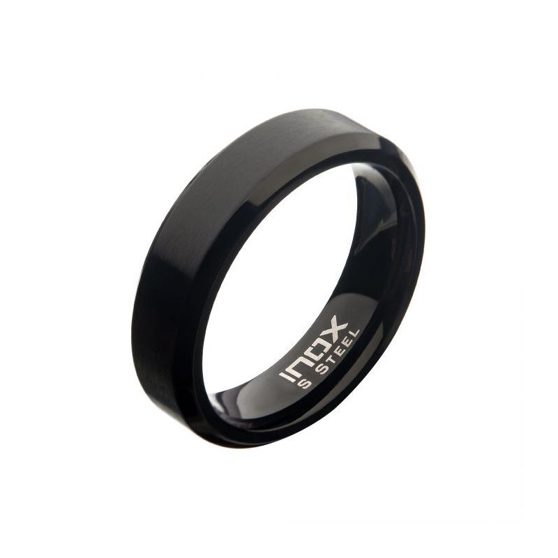 INOX Jewelry Stainless Steel 6mm Matte Black IP Beveled Wedding Band Ring