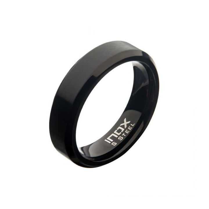 INOX Jewelry Stainless Steel 6mm Matte Black IP Beveled Wedding Band Ring