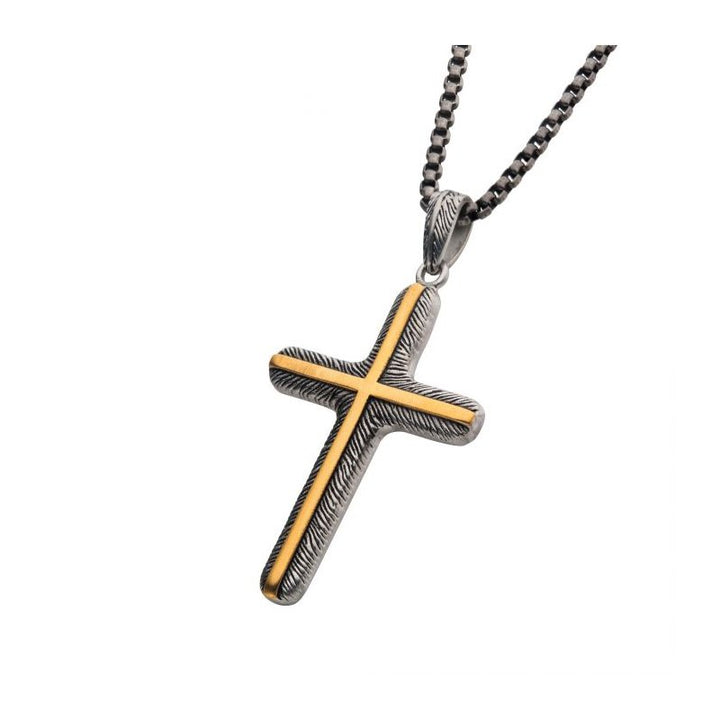INOX Jewelry 18K Gold IP Inlay & Gun Metal IP Cross Pendant with Round Box Chain