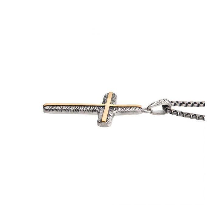 INOX Jewelry 18K Gold IP Inlay & Gun Metal IP Cross Pendant with Round Box Chain