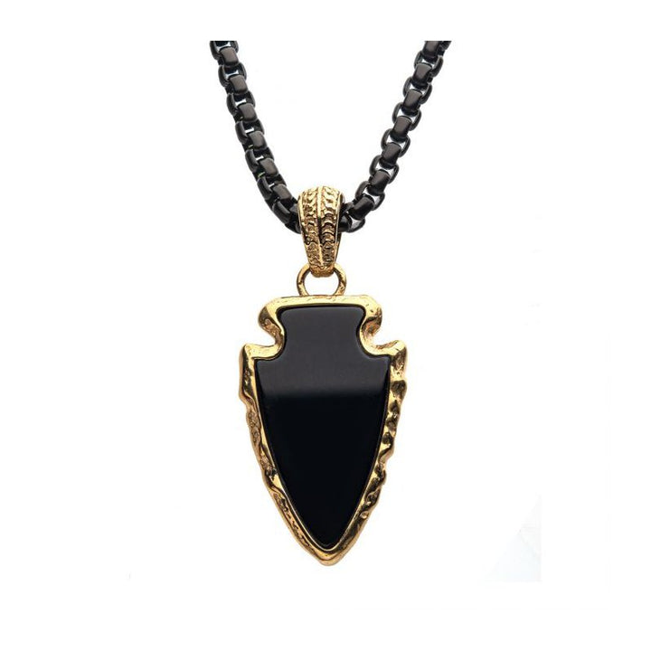 INOX Jewelry Black Agate Stone with Gold IP Frame Pendant on a Polished Gold IP Bail with Polished Black IP Box Chain