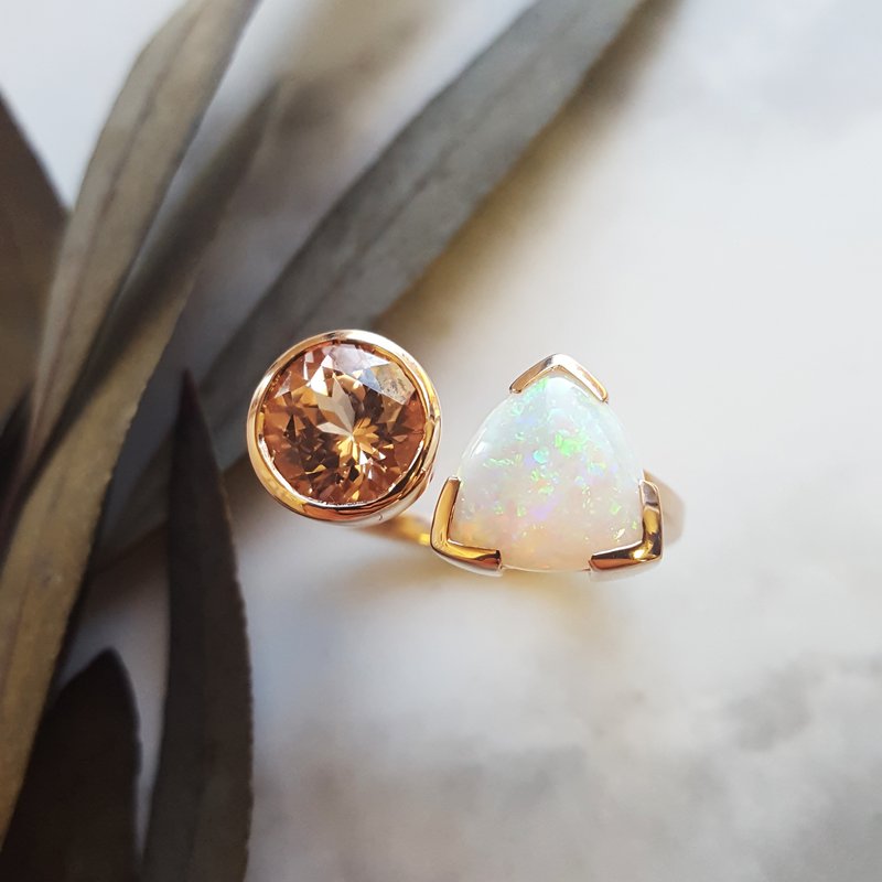 Sami Fine Jewelry Two Stone Garnet & Opal Ring 050634