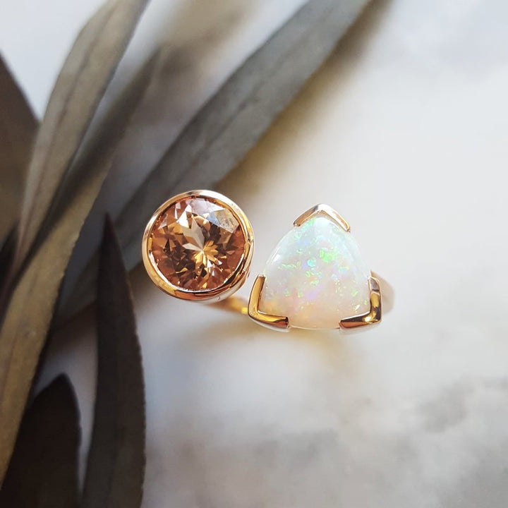 Sami Fine Jewelry Two Stone Garnet & Opal Ring 050634