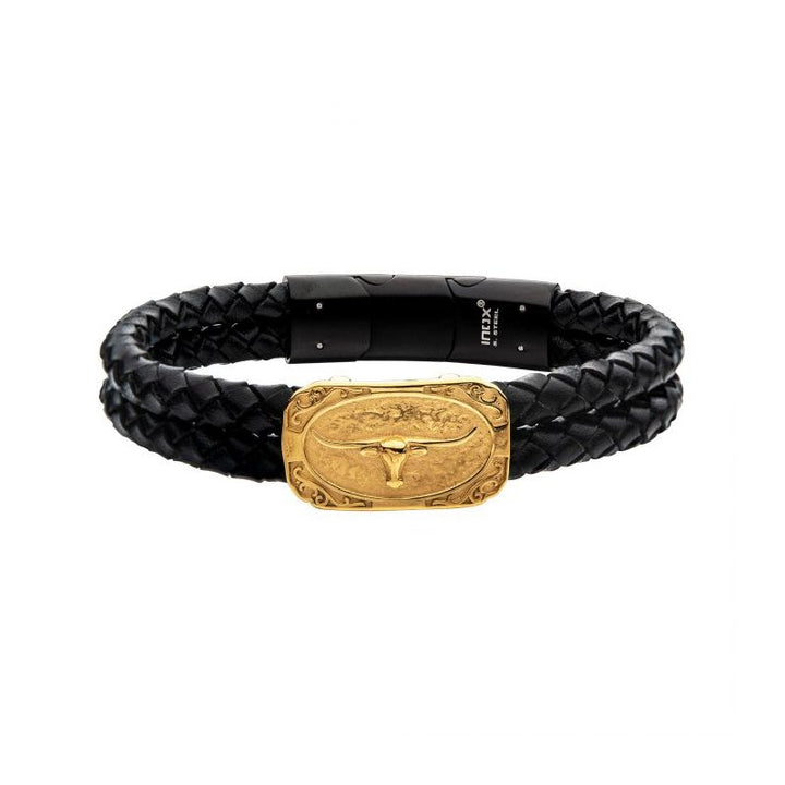 INOX Jewelry Double Strand Black Leather with Gold IP Longhorn Bracelet BRWT052KGD