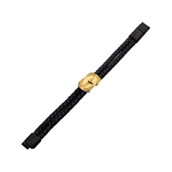 INOX Jewelry Double Strand Black Leather with Gold IP Longhorn Bracelet