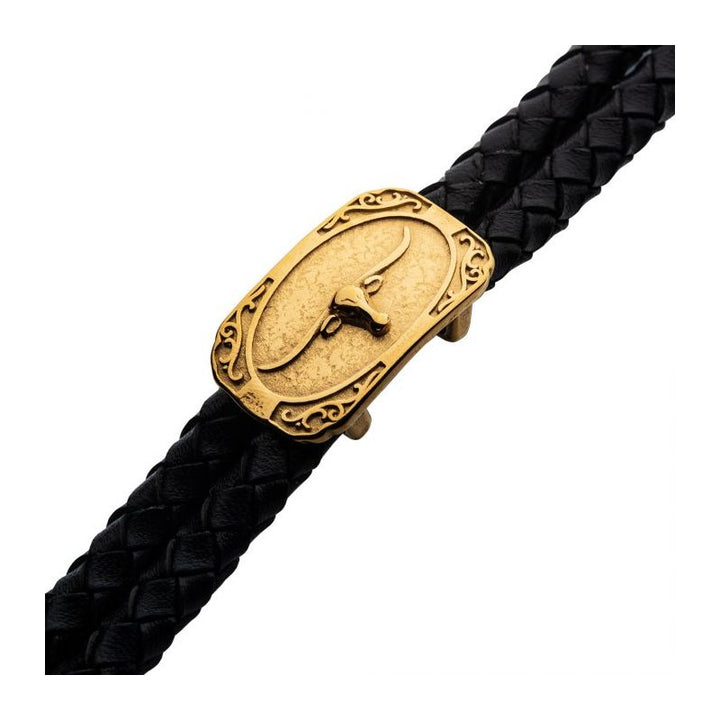INOX Jewelry Double Strand Black Leather with Gold IP Longhorn Bracelet