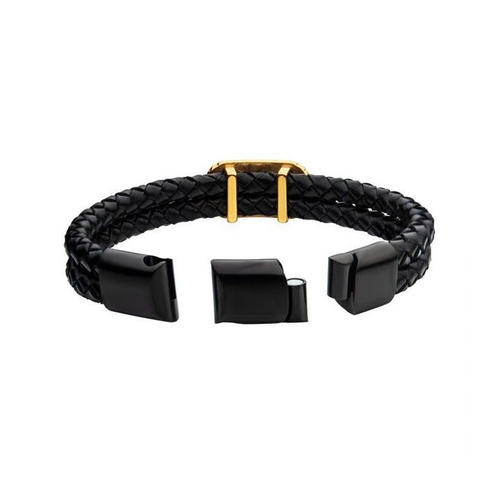 INOX Jewelry Double Strand Black Leather with Gold IP Longhorn Bracelet