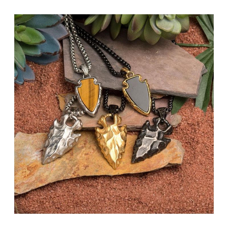 INOX Jewelry Gun Metal Plated Chiseled Arrowhead Pendant with Box Chain