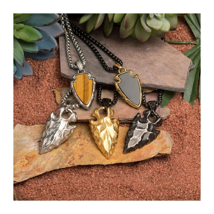 INOX Jewelry Gun Metal Plated Chiseled Arrowhead Pendant with Box Chain