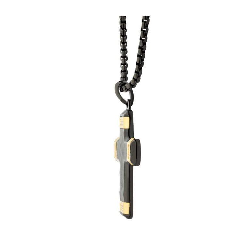 INOX Jewelry Matte Finish Black IP Carved Steel Small Cross Pendant with 18K Gold IP accents & Lab-Grown Diamonds, with Black Box Chain