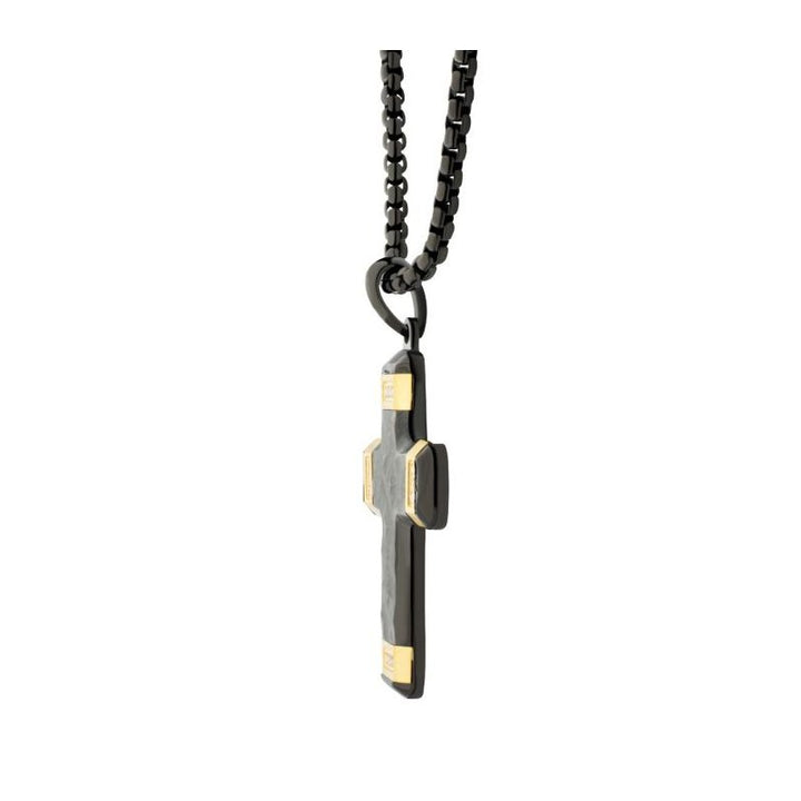 INOX Jewelry Matte Finish Black IP Carved Steel Small Cross Pendant with 18K Gold IP accents & Lab-Grown Diamonds, with Black Box Chain