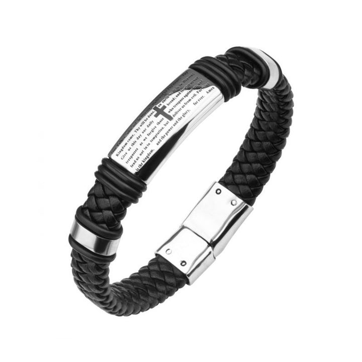 INOX Jewelry Black Braided Leather with Lord's Prayer ID Steel Bracelet