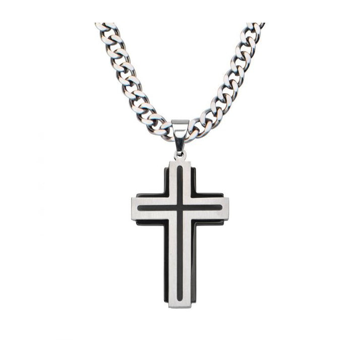 INOX Jewelry Black IP & Steel Cross Pendant