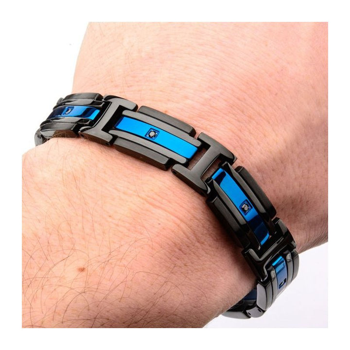 INOX Jewelry Matte Black & Blue IP with Black CZ Bracelet