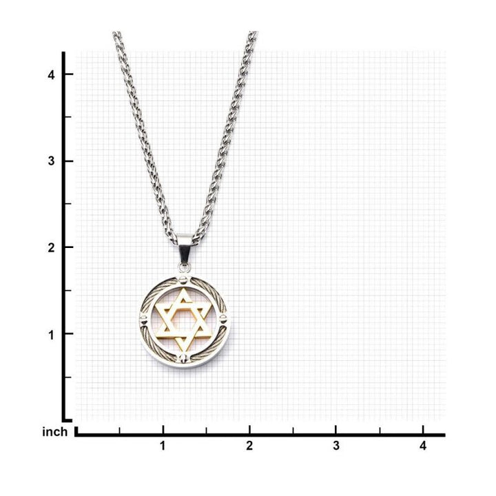 INOX Jewelry Steel Gold IP Star of David with Cable Inlayed in Circle Pendant
