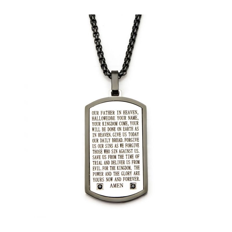 INOX Jewelry Black Plated with Lord's Prayer Black CZ Gem Dog Tag Pendant  with Chain