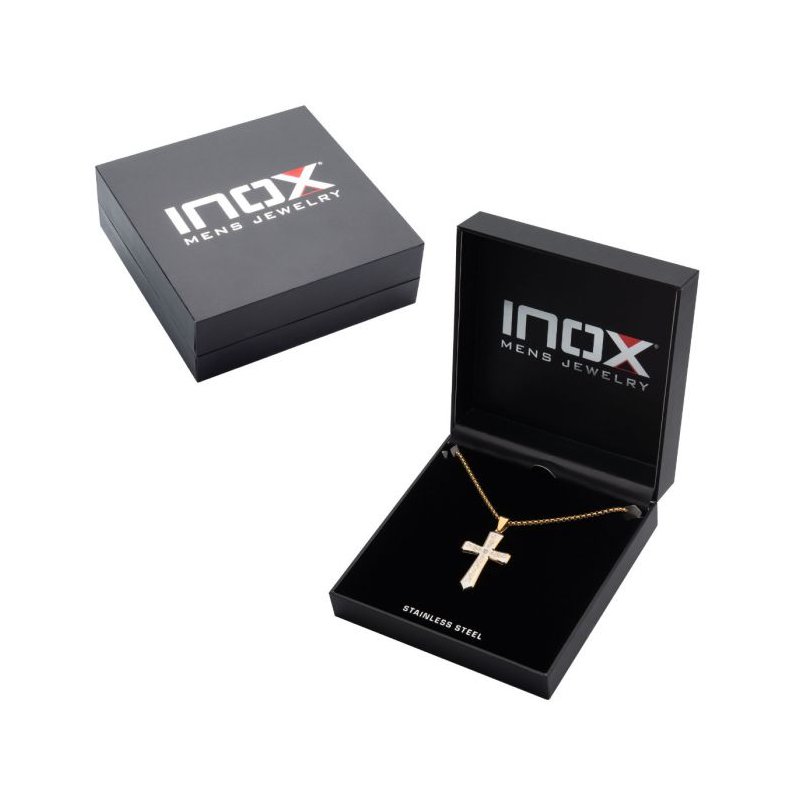 INOX Jewelry 18K Gold IP Tribal Cross Pendant with 2mm Lab-grown Diamond, with 24" Box Chain