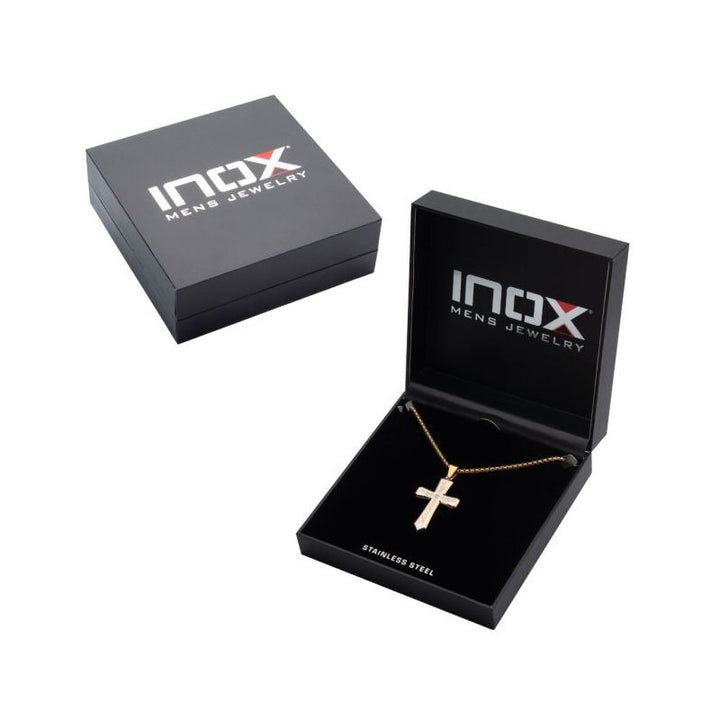 INOX Jewelry 18K Gold IP Tribal Cross Pendant with 2mm Lab-grown Diamond, with 24" Box Chain