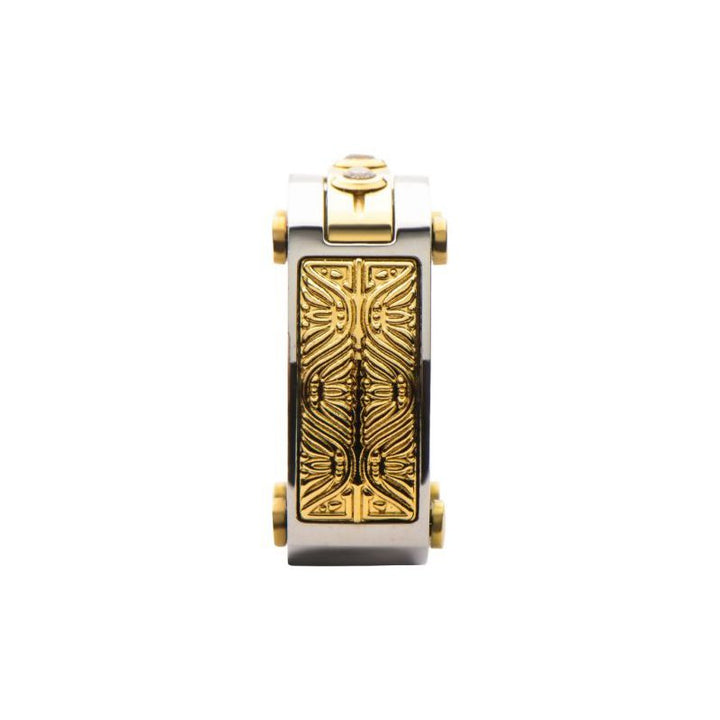 INOX Jewelry 0.02 Carat Clear Genuine Diamond Gold IP Steel Intricate Carved Pattern Ring