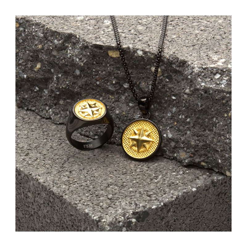 INOX Jewelry 18Kt Gold IP Wayfinder Compass Black IP Signet Ring