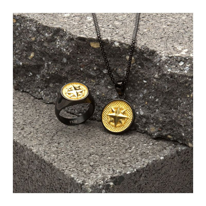 INOX Jewelry 18Kt Gold IP Wayfinder Compass Black IP Signet Ring