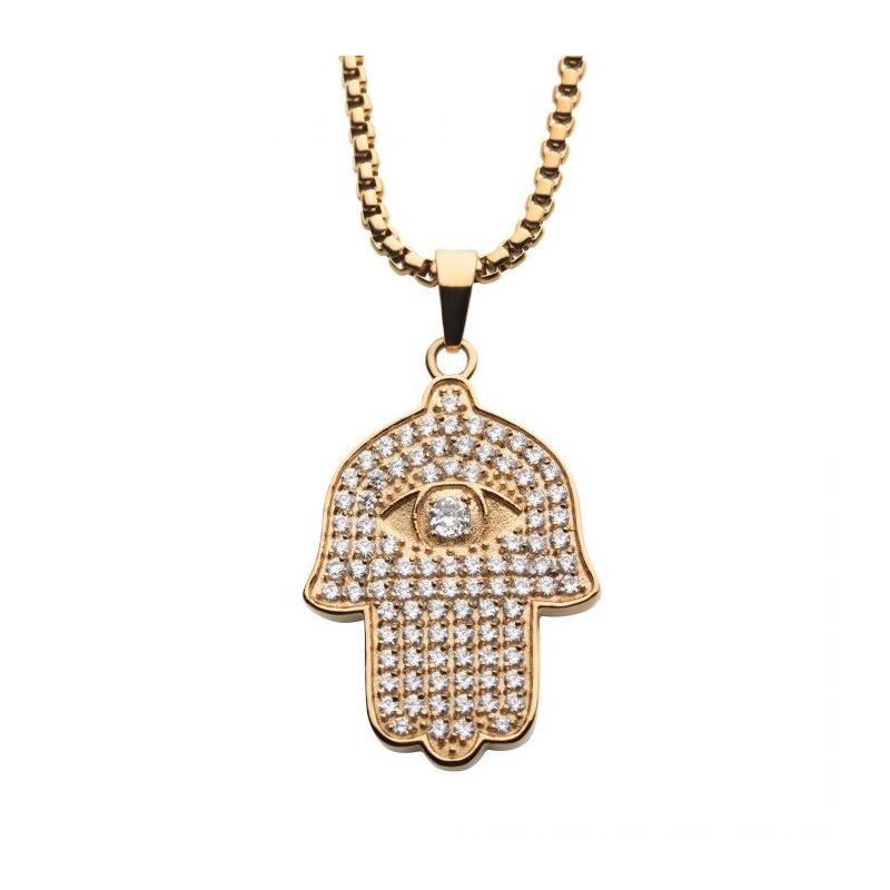 INOX Jewelry 18K Gold IP with 94pcs CNC Prong Set Clear AAA CZ Hamsa Pendant, with Gold IP Box Chain SSP22668GPNK