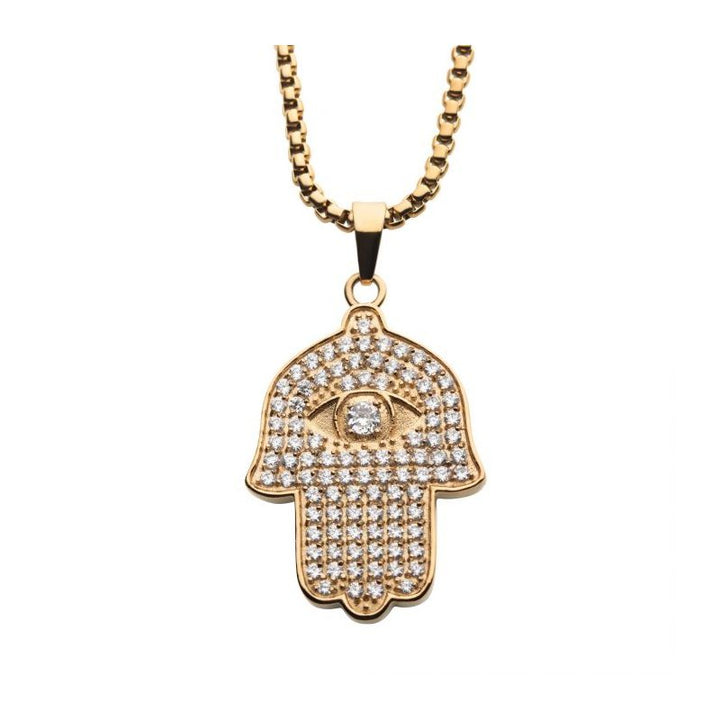 INOX Jewelry 18K Gold IP with 94pcs CNC Prong Set Clear AAA CZ Hamsa Pendant, with Gold IP Box Chain SSP22668GPNK