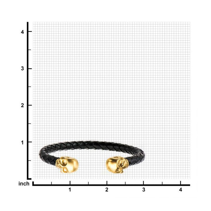 INOX Jewelry Black Leather with Gold IP Skull Cuff Bracelet