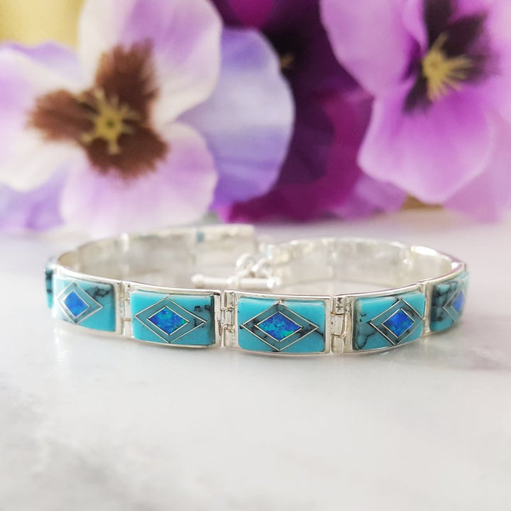 Arizona Turquoise and Inlaid Jewelry Geometric Link Bracelet 2411191