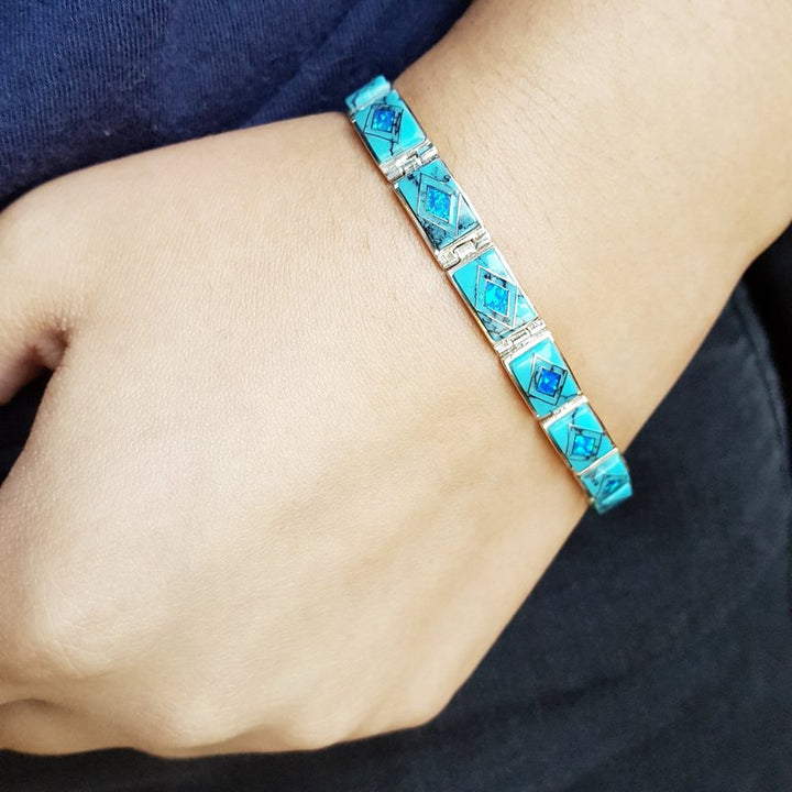 Arizona Turquoise and Inlaid Jewelry Geometric Link Bracelet
