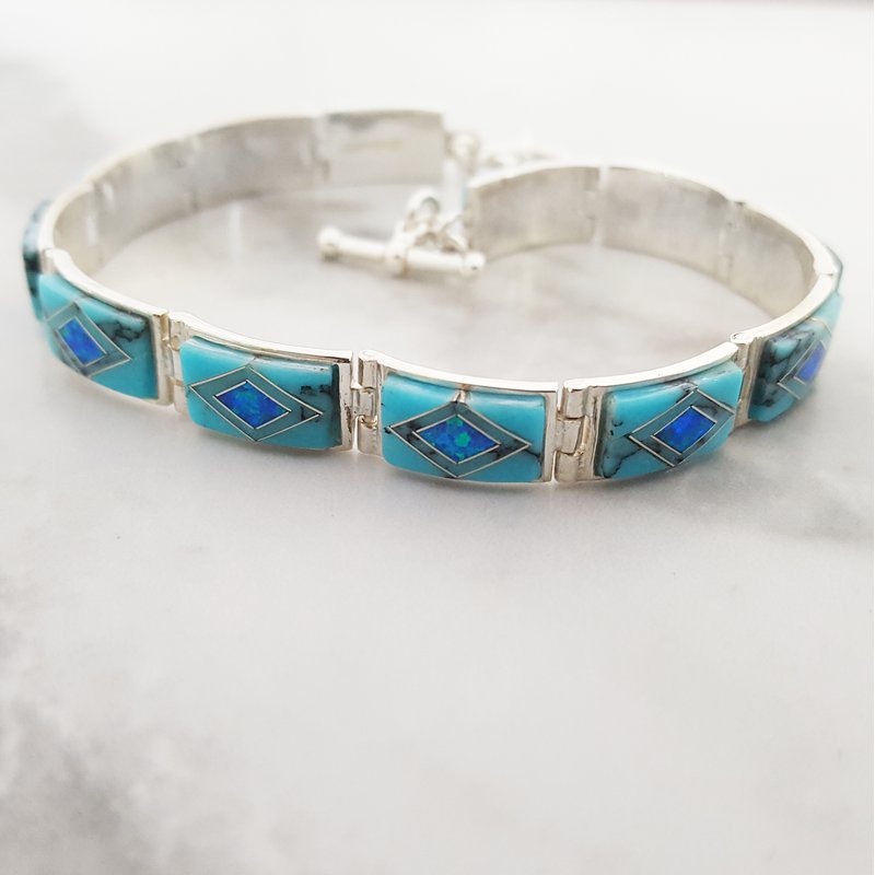 Arizona Turquoise and Inlaid Jewelry Geometric Link Bracelet