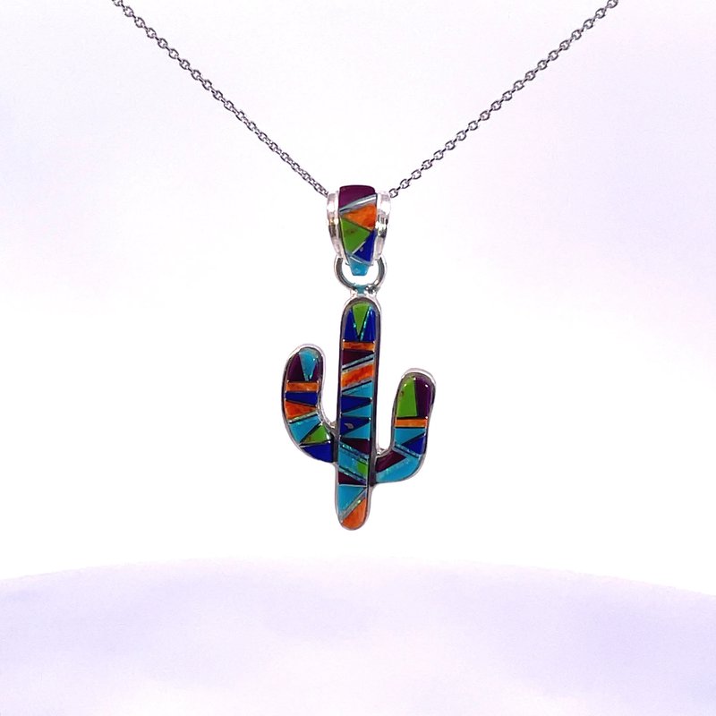 Arizona Turquoise and Inlaid Jewelry Colorful Saguaro Cactus Pendant