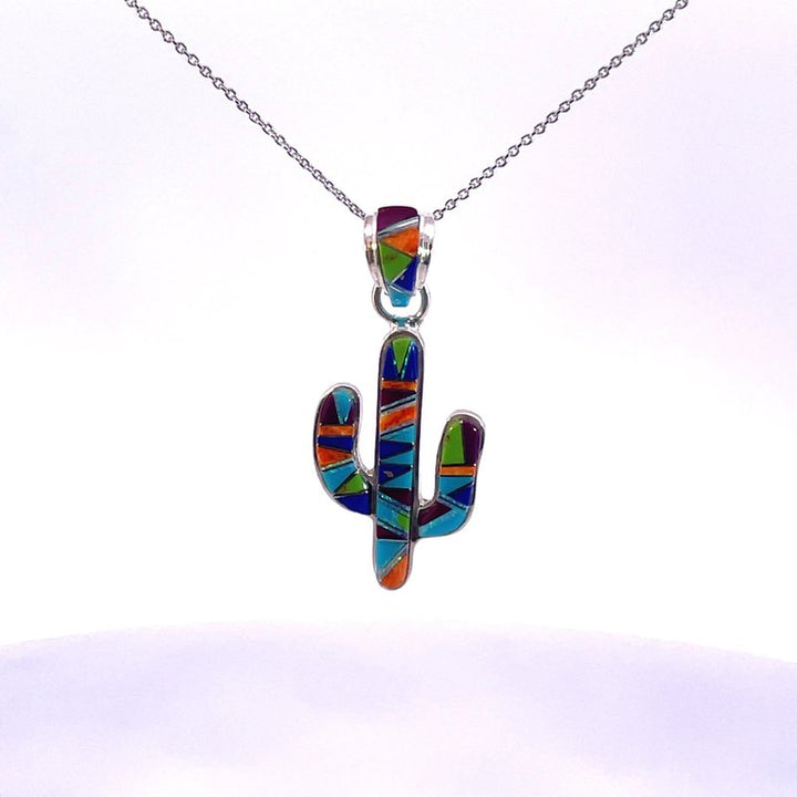 Arizona Turquoise and Inlaid Jewelry Colorful Saguaro Cactus Pendant