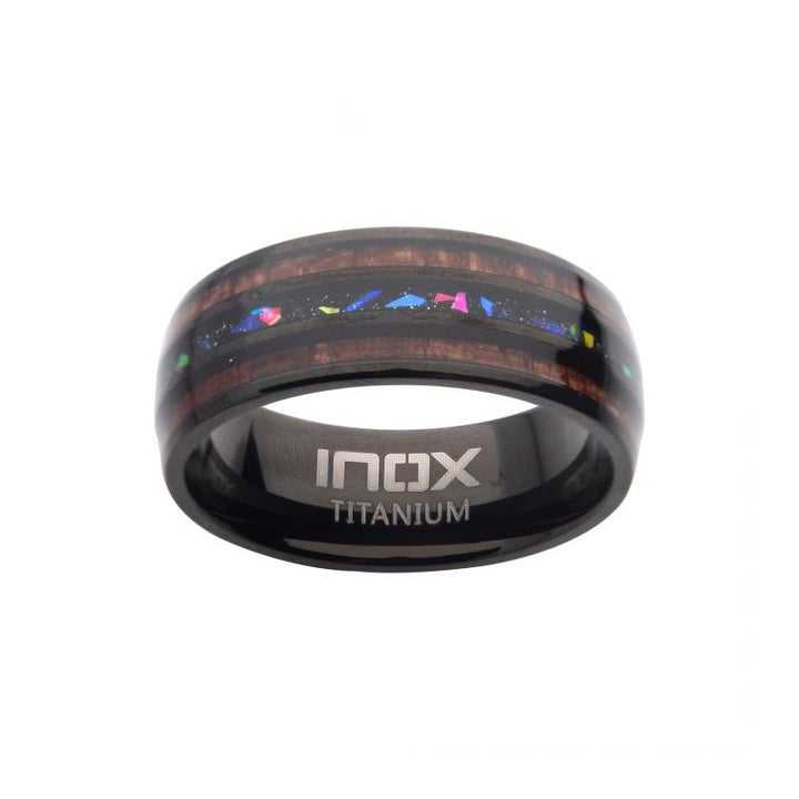 INOX Jewelry Titanium Black IP Wood & Opal Inlay Ring