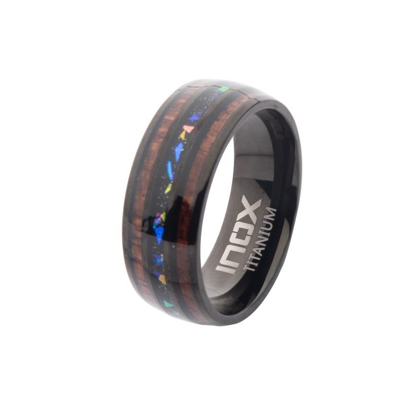 INOX Jewelry Titanium Black IP Wood & Opal Inlay Ring