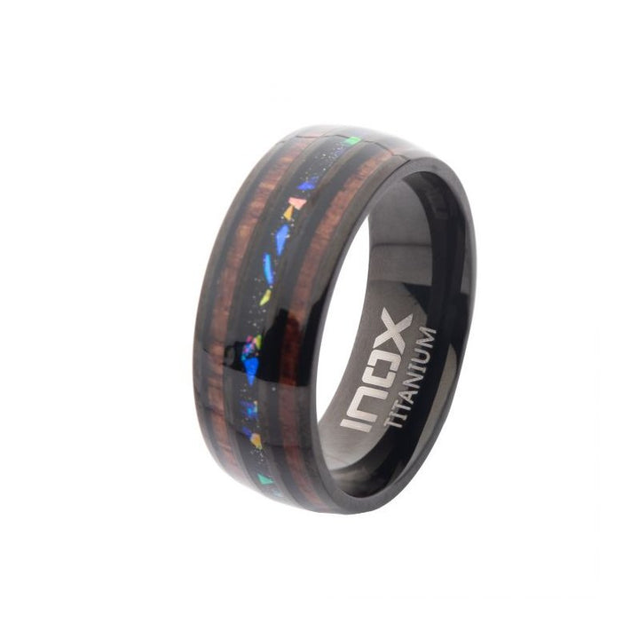 INOX Jewelry Titanium Black IP Wood & Opal Inlay Ring