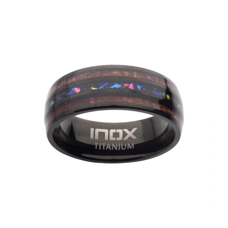 INOX Jewelry Titanium Black IP Wood & Opal Inlay Ring