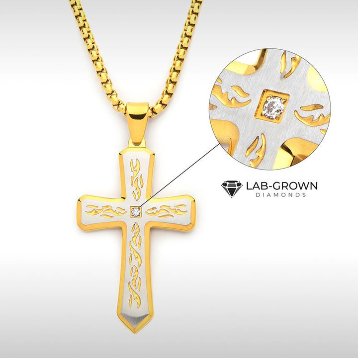 INOX Jewelry 18K Gold IP Tribal Cross Pendant with 2mm Lab-grown Diamond, with 24" Box Chain DMSSP479GPNK
