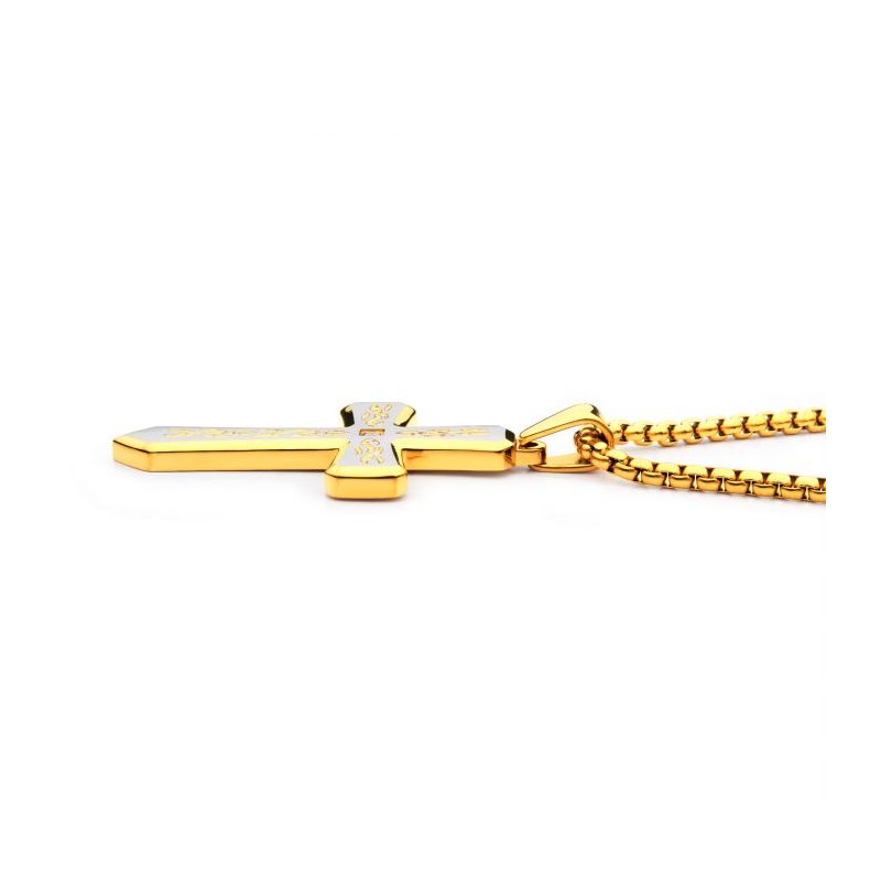 INOX Jewelry 18K Gold IP Tribal Cross Pendant with 2mm Lab-grown Diamond, with 24" Box Chain