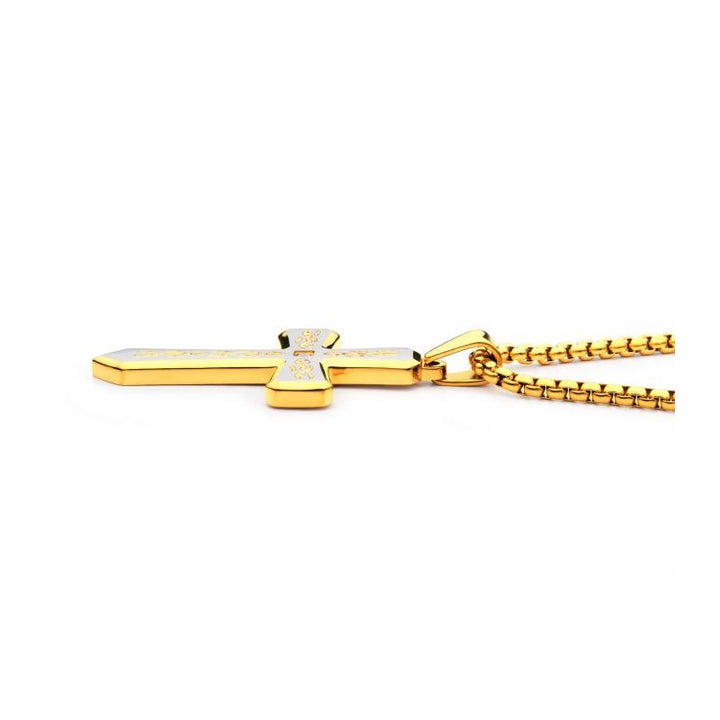 INOX Jewelry 18K Gold IP Tribal Cross Pendant with 2mm Lab-grown Diamond, with 24" Box Chain