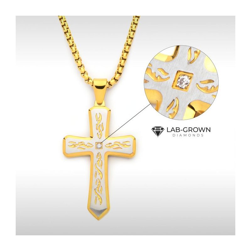 INOX Jewelry 18K Gold IP Tribal Cross Pendant with 2mm Lab-grown Diamond, with 24" Box Chain