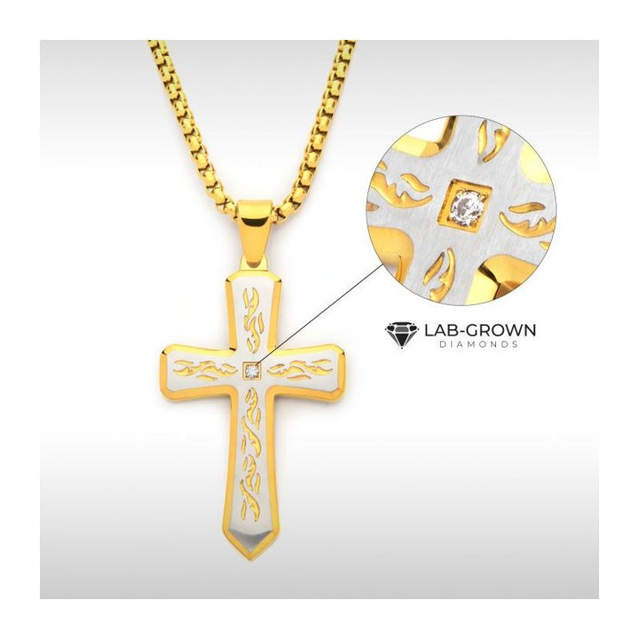 INOX Jewelry 18K Gold IP Tribal Cross Pendant with 2mm Lab-grown Diamond, with 24" Box Chain
