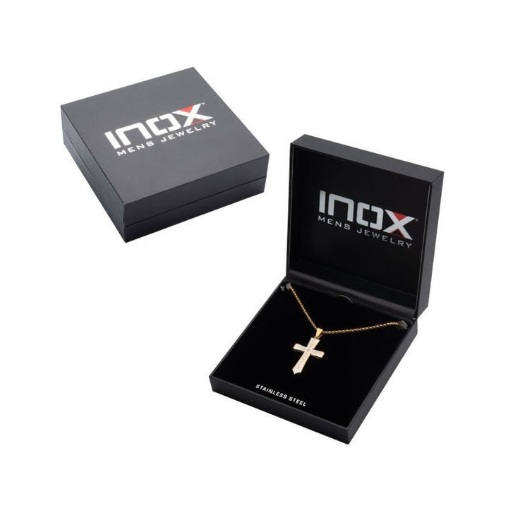 INOX Jewelry 18K Gold IP Tribal Cross Pendant with 2mm Lab-grown Diamond, with 24" Box Chain
