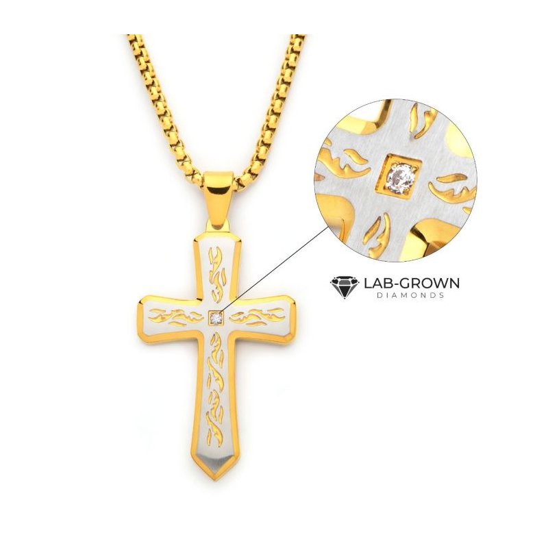 INOX Jewelry 18K Gold IP Tribal Cross Pendant with 2mm Lab-grown Diamond, with 24" Box Chain