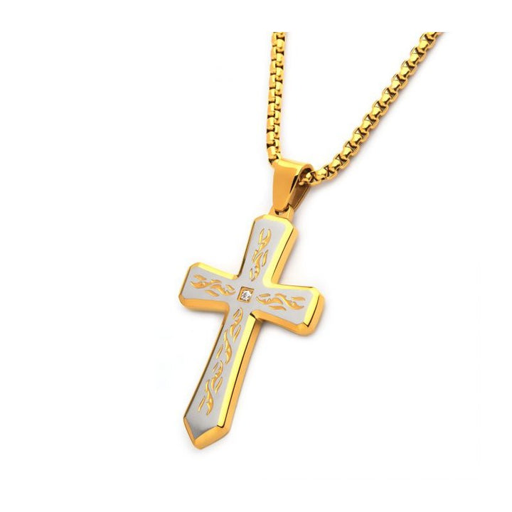 INOX Jewelry 18K Gold IP Tribal Cross Pendant with 2mm Lab-grown Diamond, with 24" Box Chain