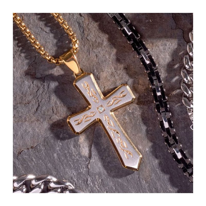 INOX Jewelry 18K Gold IP Tribal Cross Pendant with 2mm Lab-grown Diamond, with 24" Box Chain